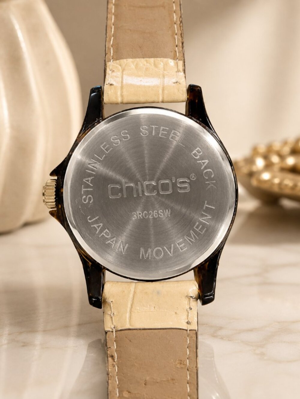 Chico’s Tortoiseshell Bezel Watch – Beige/Cream Band – Excellent Condition - Picture 2 of 4